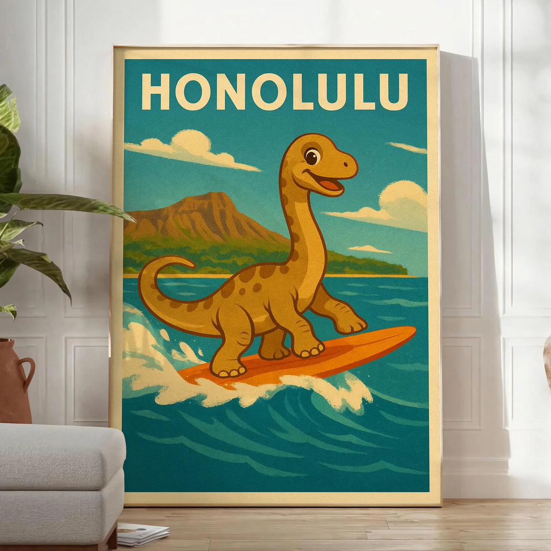 Cartoon dinosaur in green and yellow surfing in Honolulu