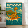 Cartoon dinosaur in green and yellow surfing in Honolulu