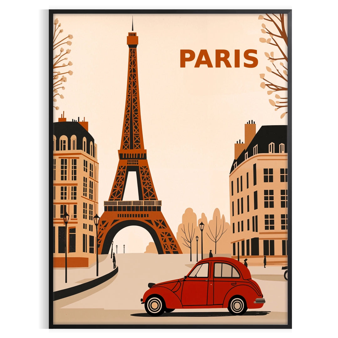 Orange and red 2CV Citroën art poster, retro Paris street scene