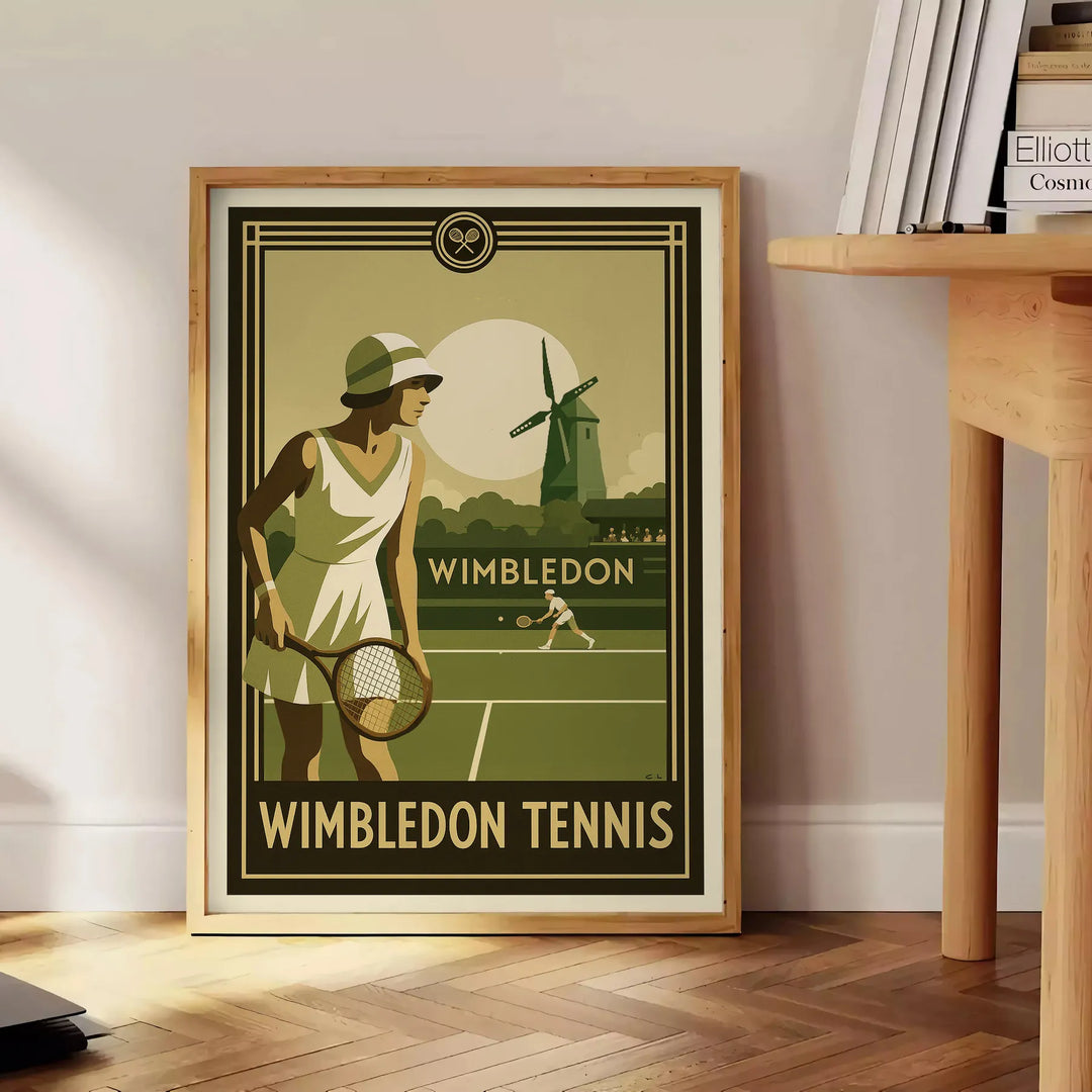 Black and brown Wimbledon poster showing minimalist tennis silhouette art