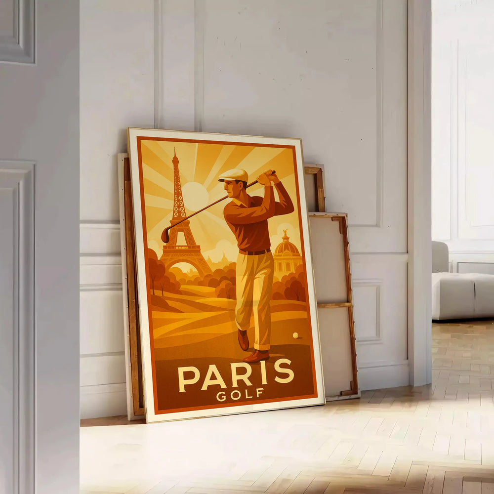 Art Deco style illustration of golfers in Paris with green and brown tones