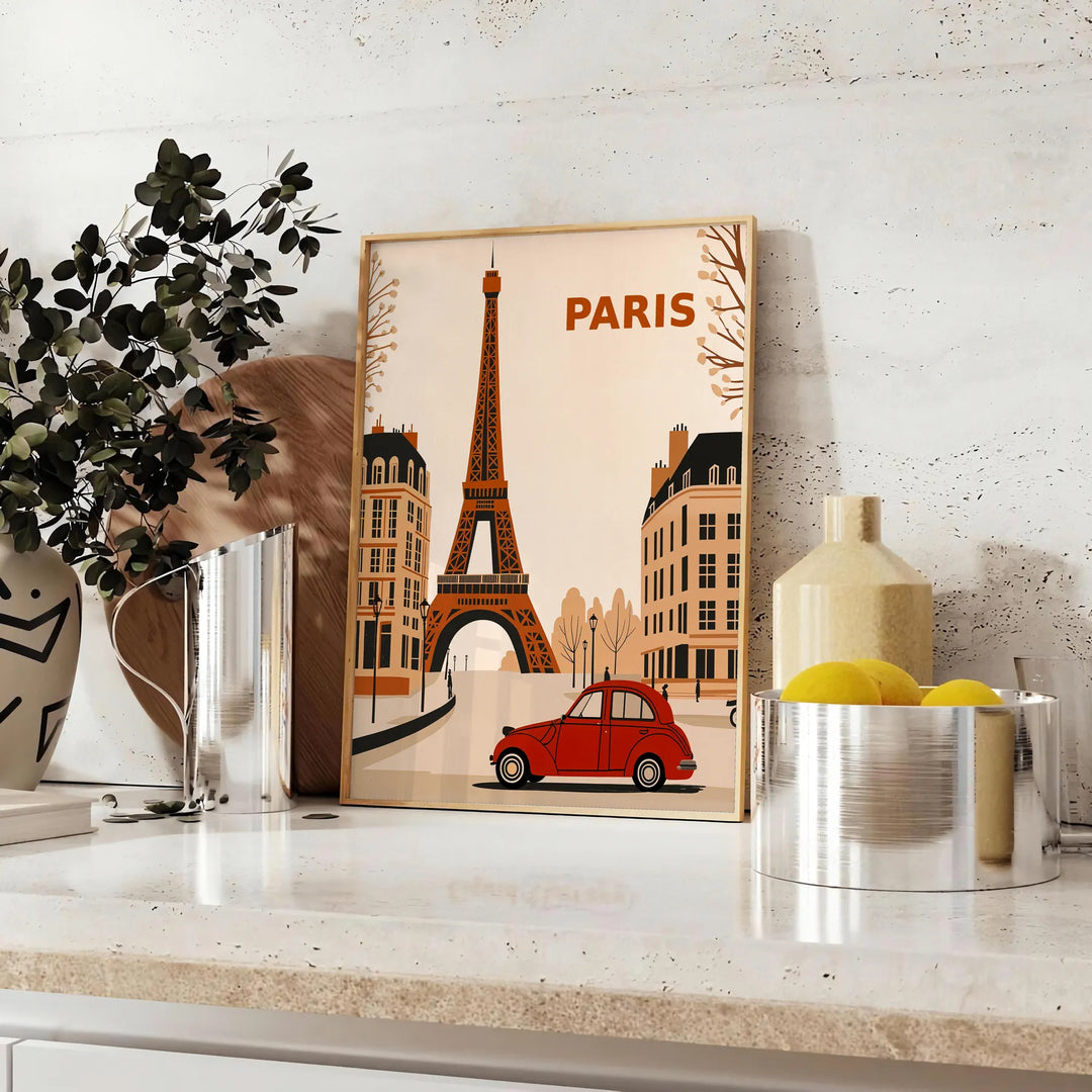Orange and red 2CV Citroën art poster, retro Paris street scene