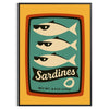 Ilustração de sardinhas em um estilo náutico divertido com tons de azul e vermelho