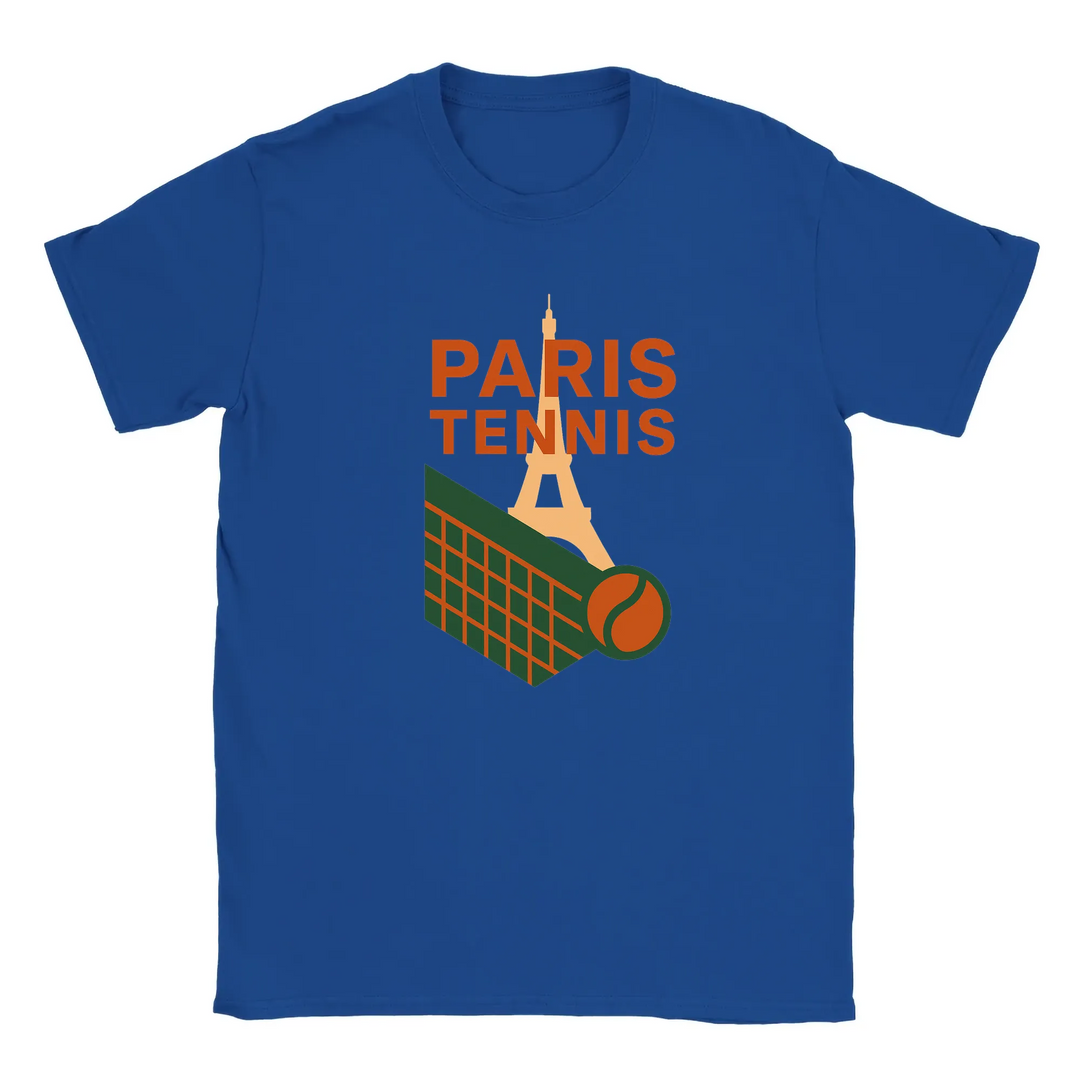 T-shirt featuring a graphic of the Eiffel Tower and a tennis racquet
