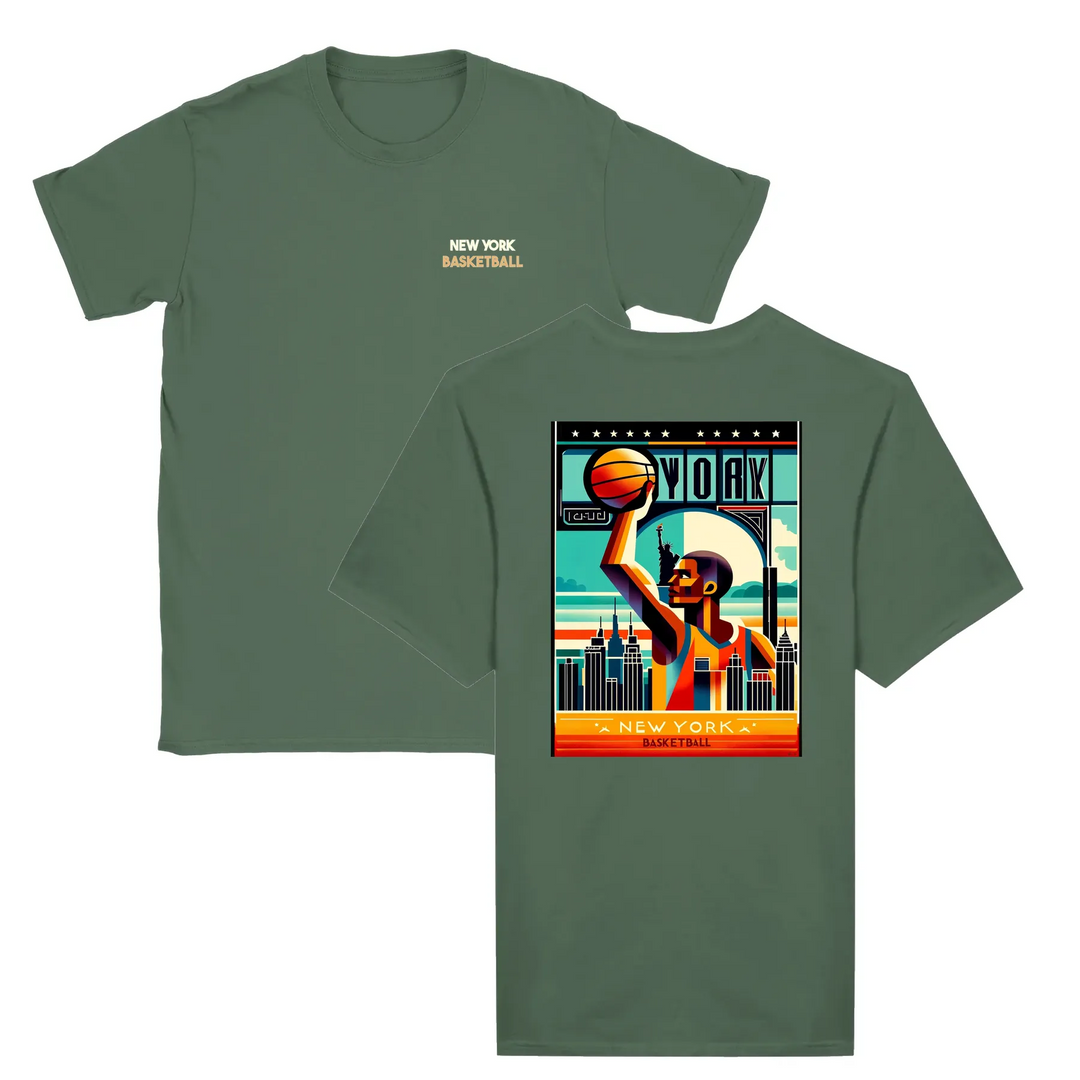 T-shirt featuring a graphic of a basketball and New York skyline
