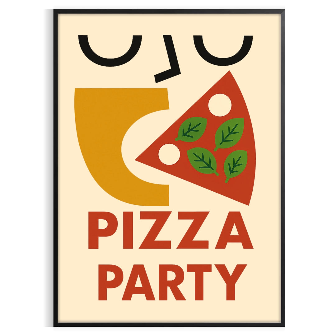 Kitchen pizza party poster, playful illustration with green and red accents