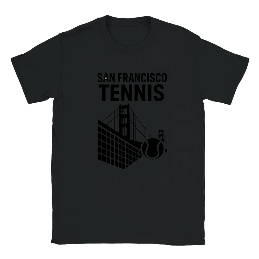 T-shirt featuring a graphic of San Francisco's iconic skyline with tennis elements