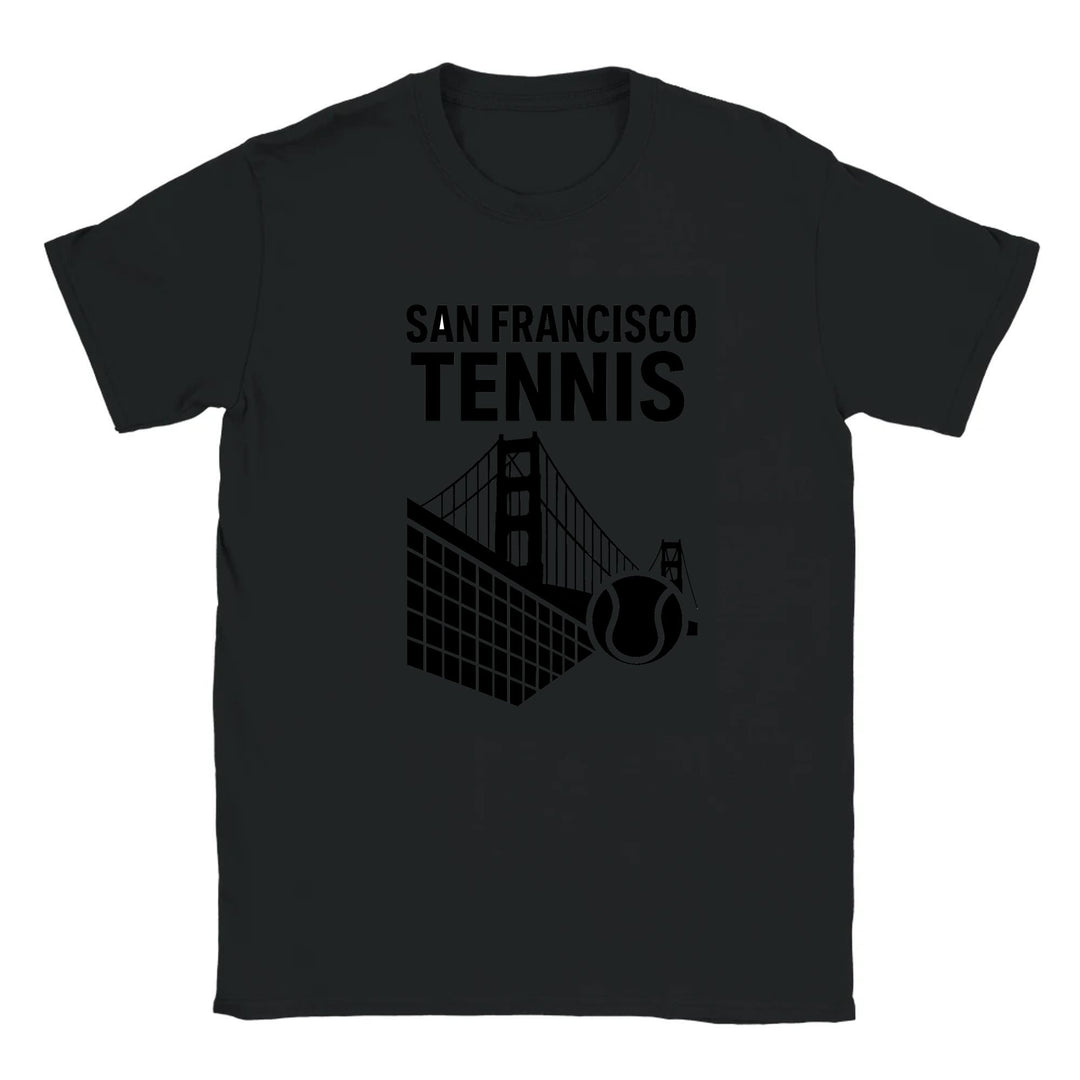 T-shirt featuring a graphic of San Francisco's iconic skyline with tennis elements