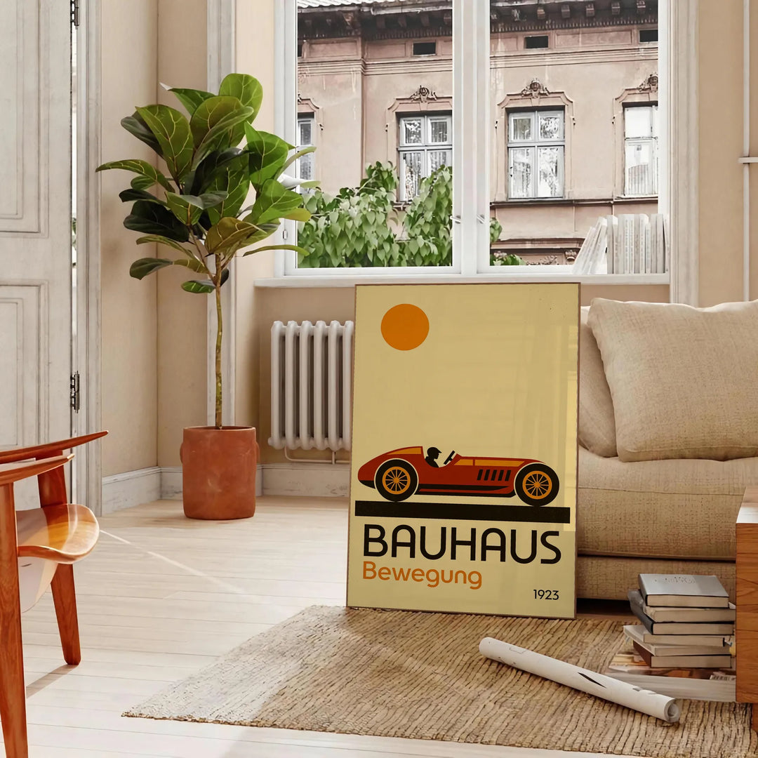 Geometric Bauhaus car design in red, brown, and green colors