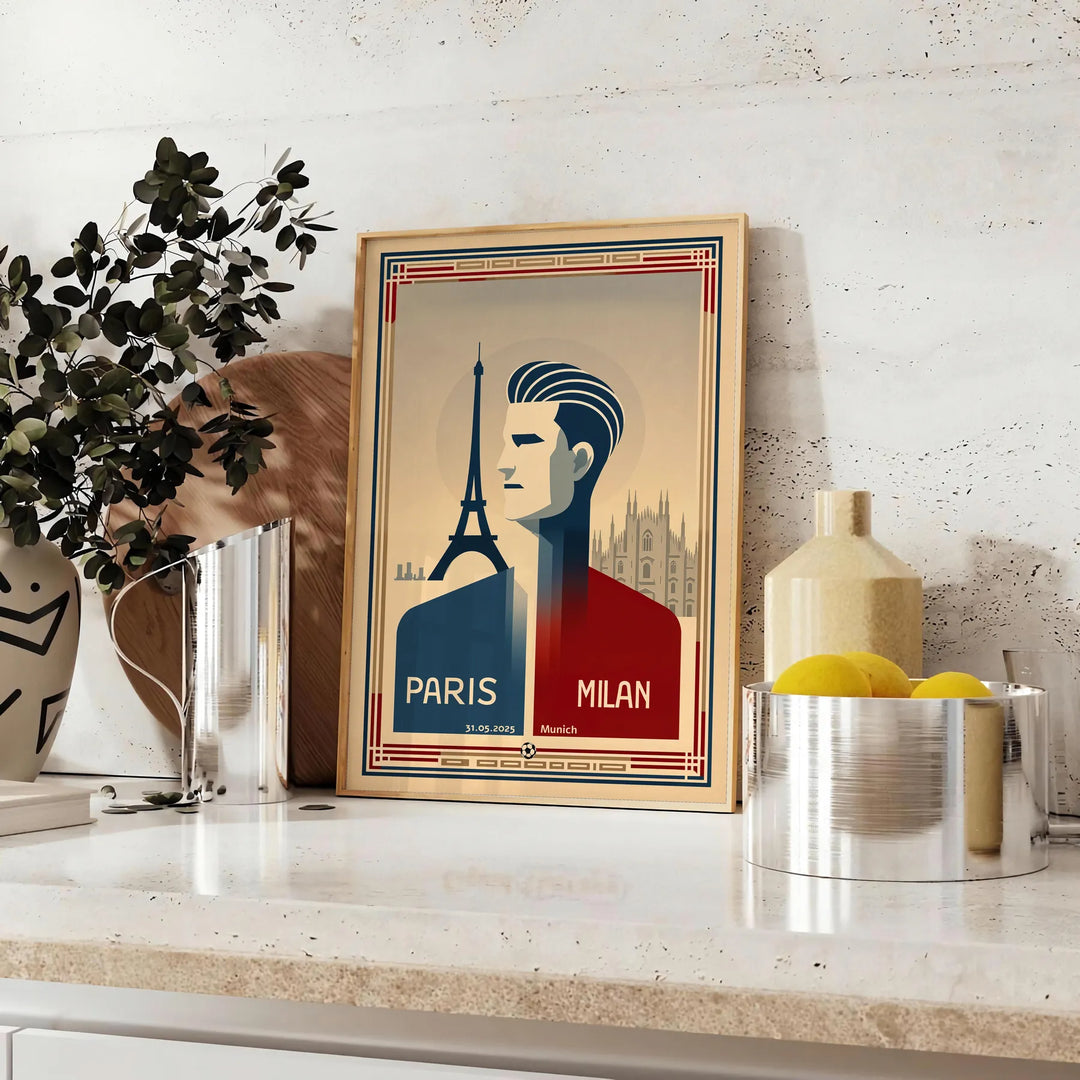Stylized football poster featuring blue and brown colors for Paris-Milan-Munich match