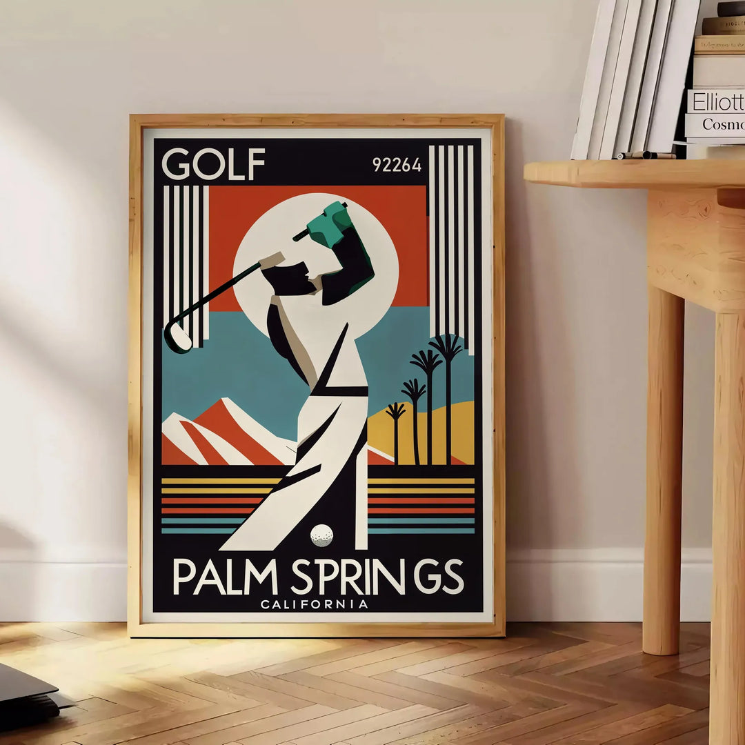 Palm Springs California golf poster featuring vintage brown and black illustration