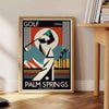 Palm Springs California golf poster featuring vintage brown and black illustration