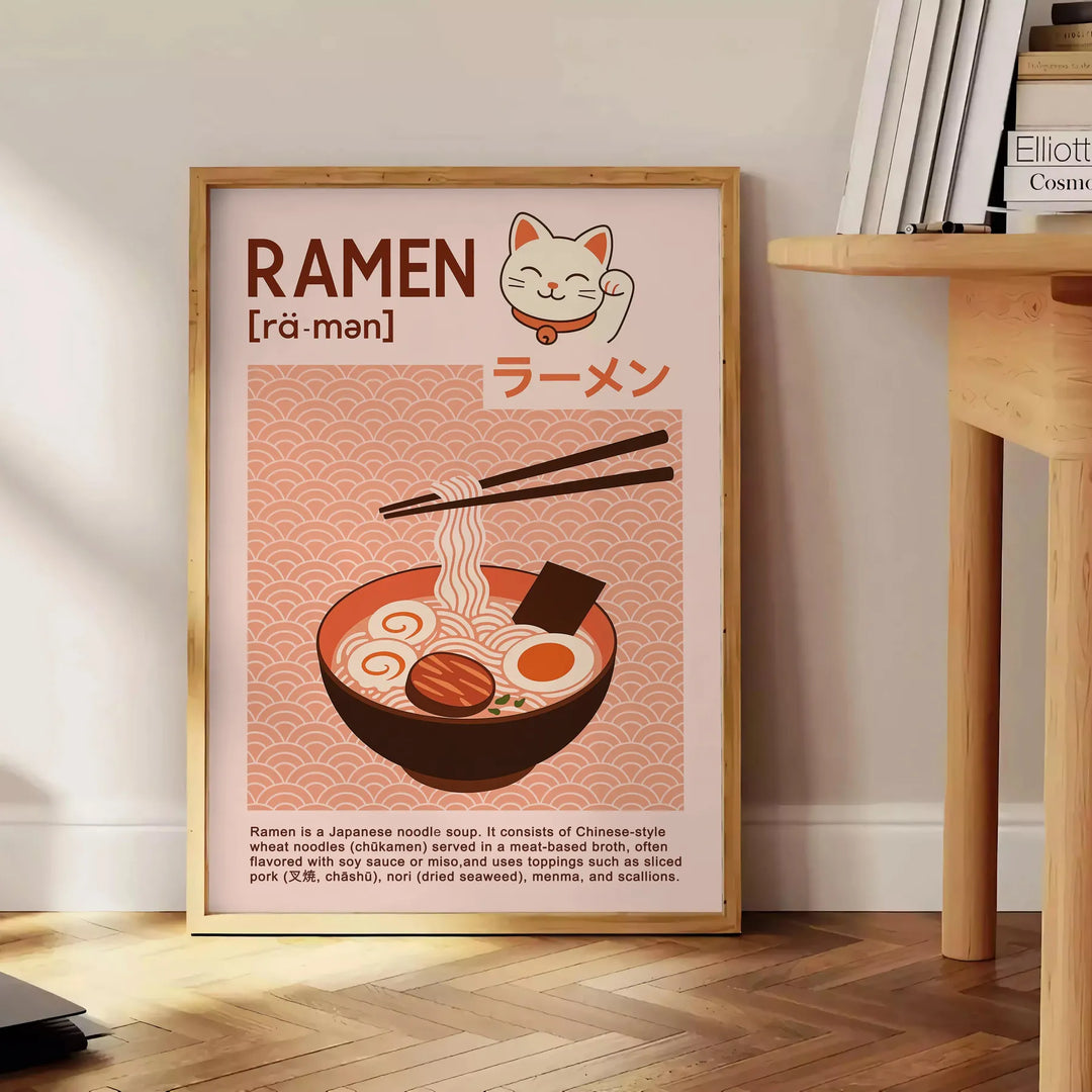 Illustration of a Maneki Neko holding ramen in a cozy kitchen setting