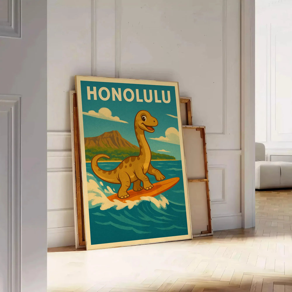 Cartoon dinosaur in green and yellow surfing in Honolulu