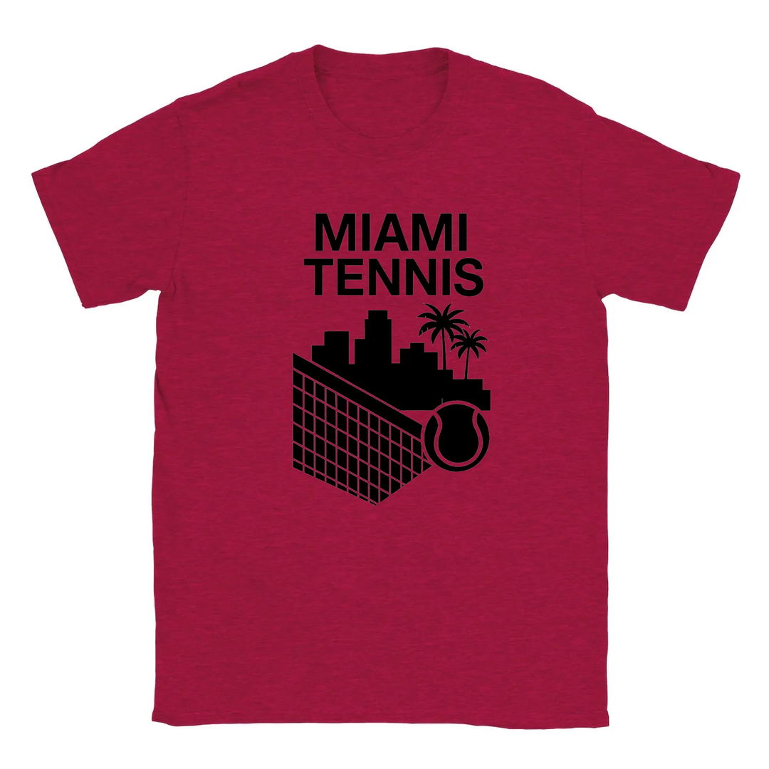 T-shirt featuring a graphic of a tennis player in action against a Miami skyline