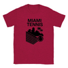 T-shirt featuring a graphic of a tennis player in action against a Miami skyline