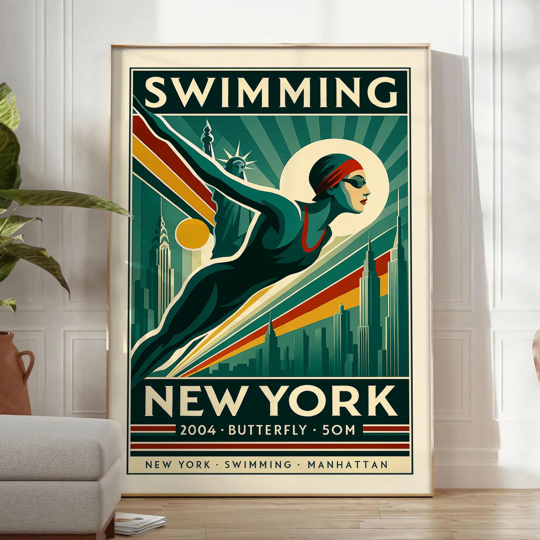 Retro illustration of a swimmer in bold green and orange against New York skyline