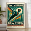 Retro illustration of a swimmer in bold green and orange against New York skyline