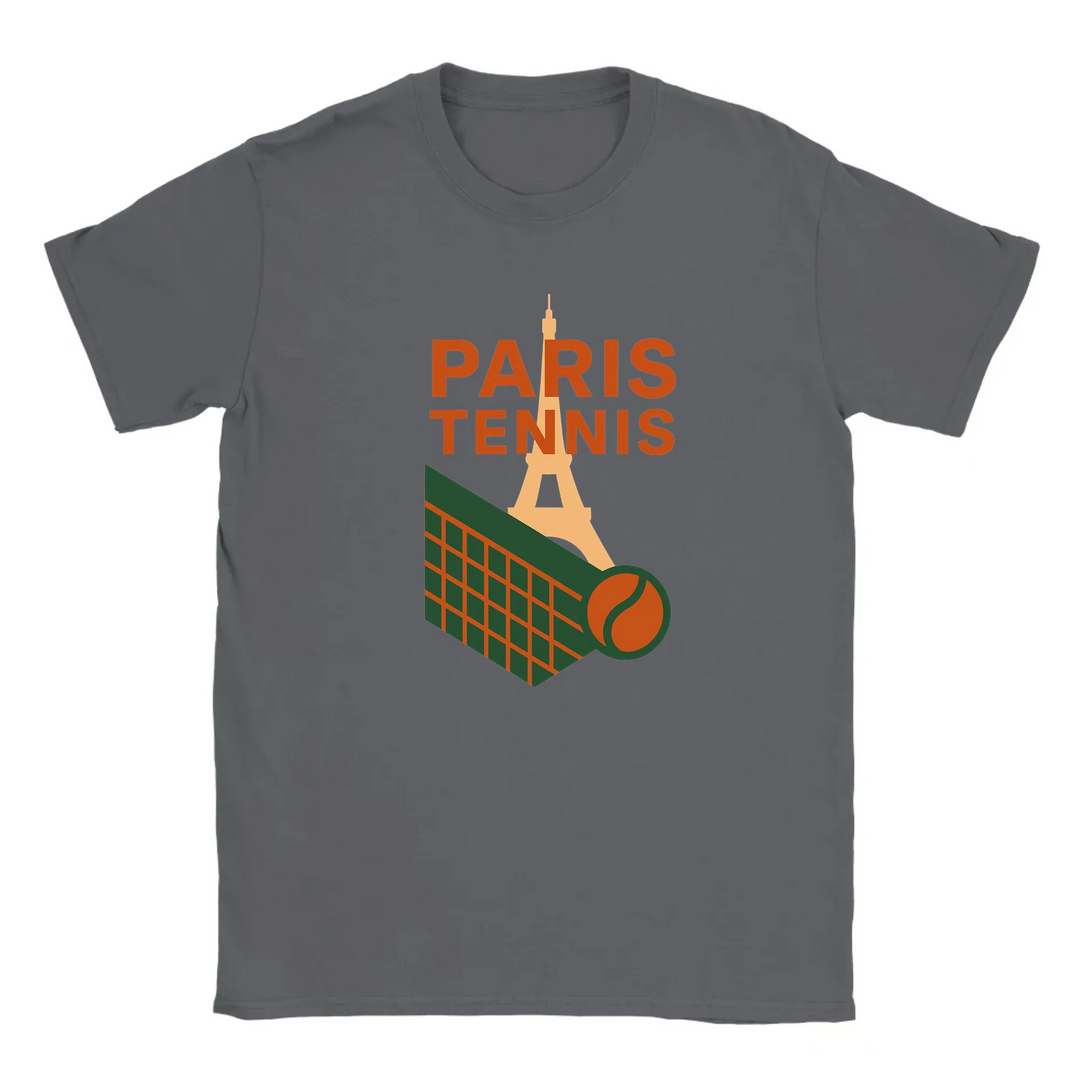 T-shirt featuring a graphic of the Eiffel Tower and a tennis racquet