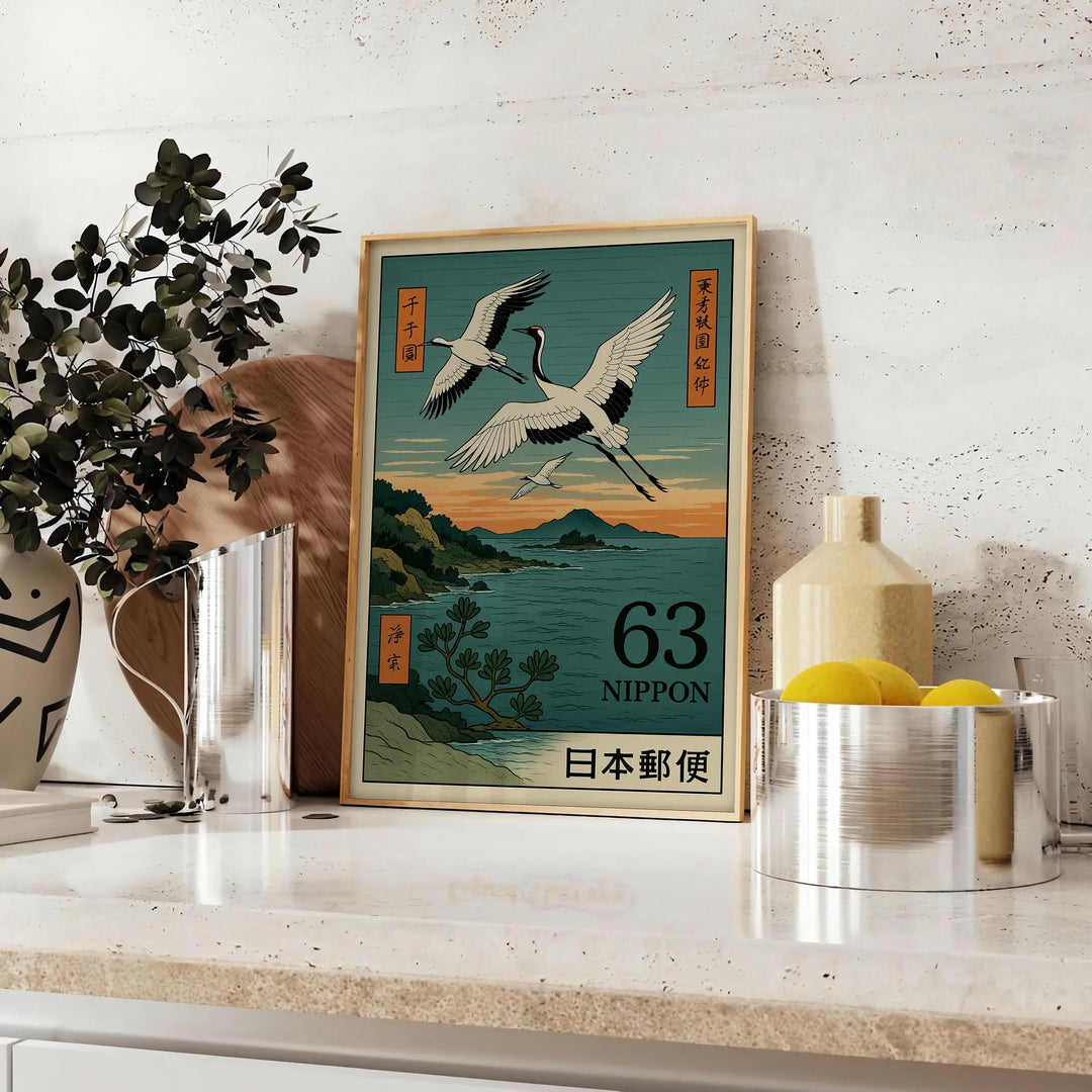 Blue and green Japanese stamp style cranes at dusk poster