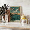 Blue and green Japanese stamp style cranes at dusk poster
