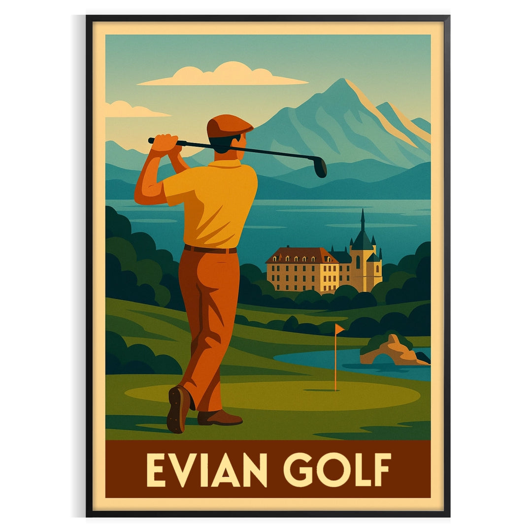 Vintage Art Deco Evian golf poster with yellow and gray palette