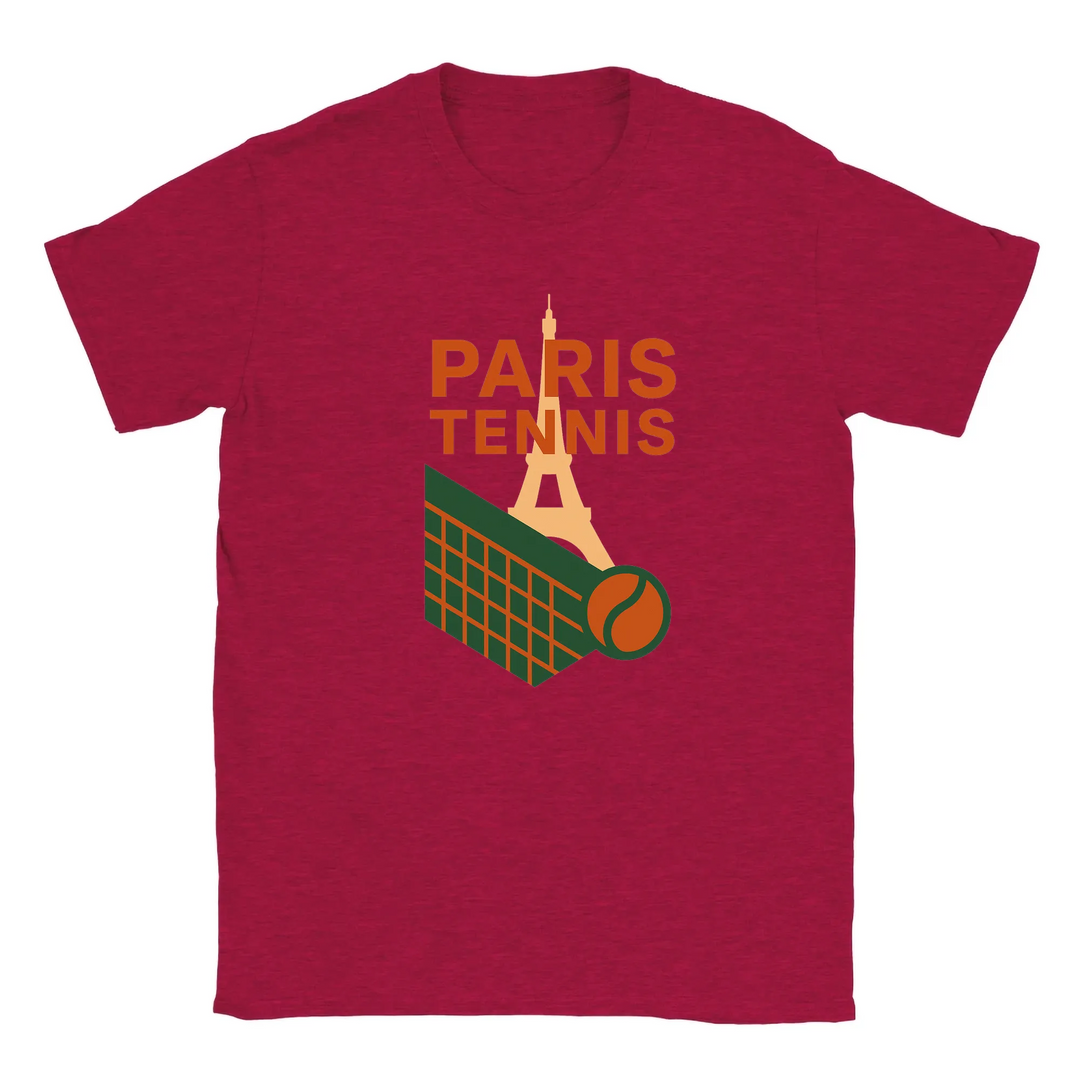 T-shirt featuring a graphic of the Eiffel Tower and a tennis racquet
