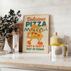 Blue and orange vintage pizza kitchen poster with colorful retro illustration