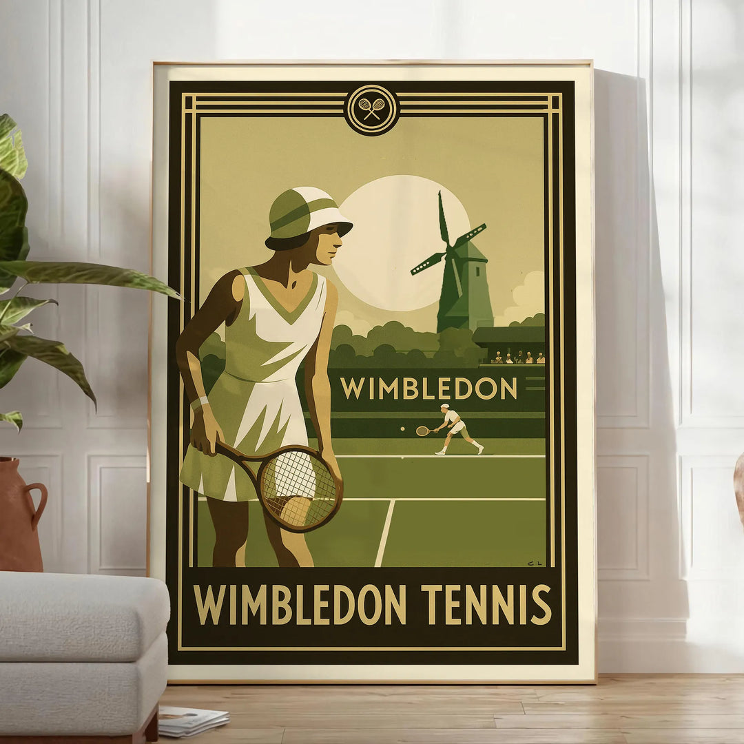 Black and brown Wimbledon poster showing minimalist tennis silhouette art