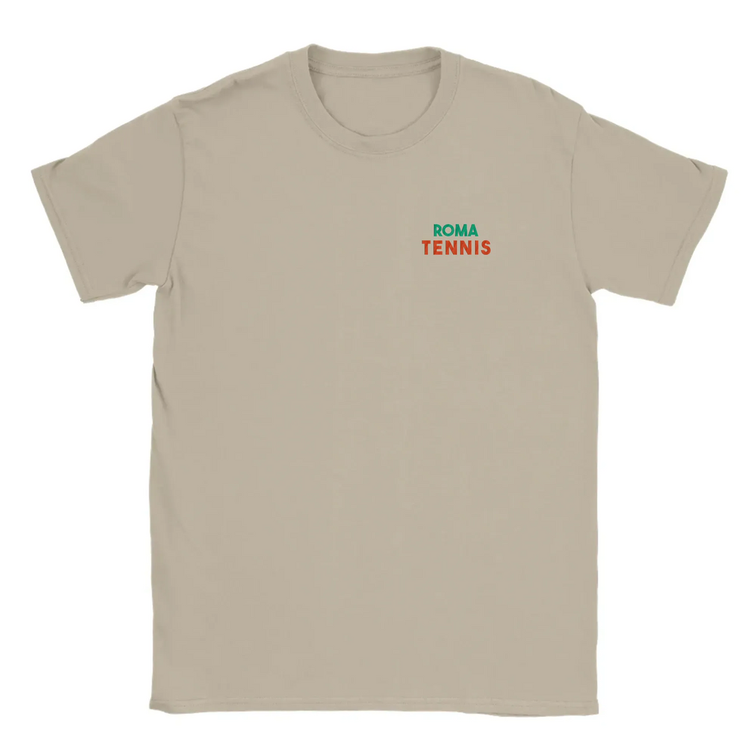 T-shirt featuring an embroidered design of a tennis racket and ball