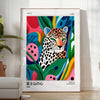 Blue and white poster featuring leopard motifs in Yayoi Kusama style