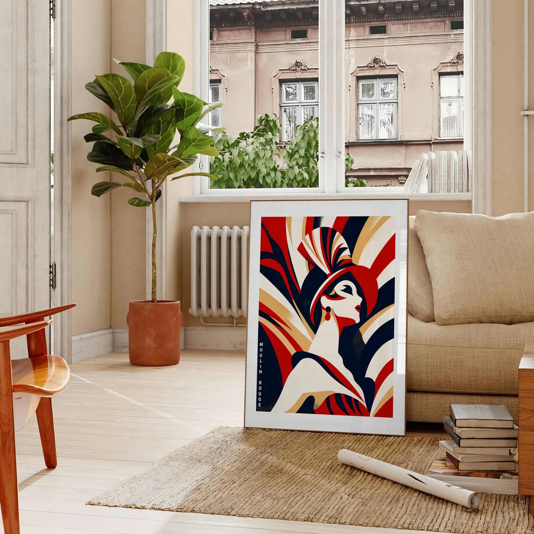 Vintage poster featuring a woman in a red dress at the Moulin Rouge