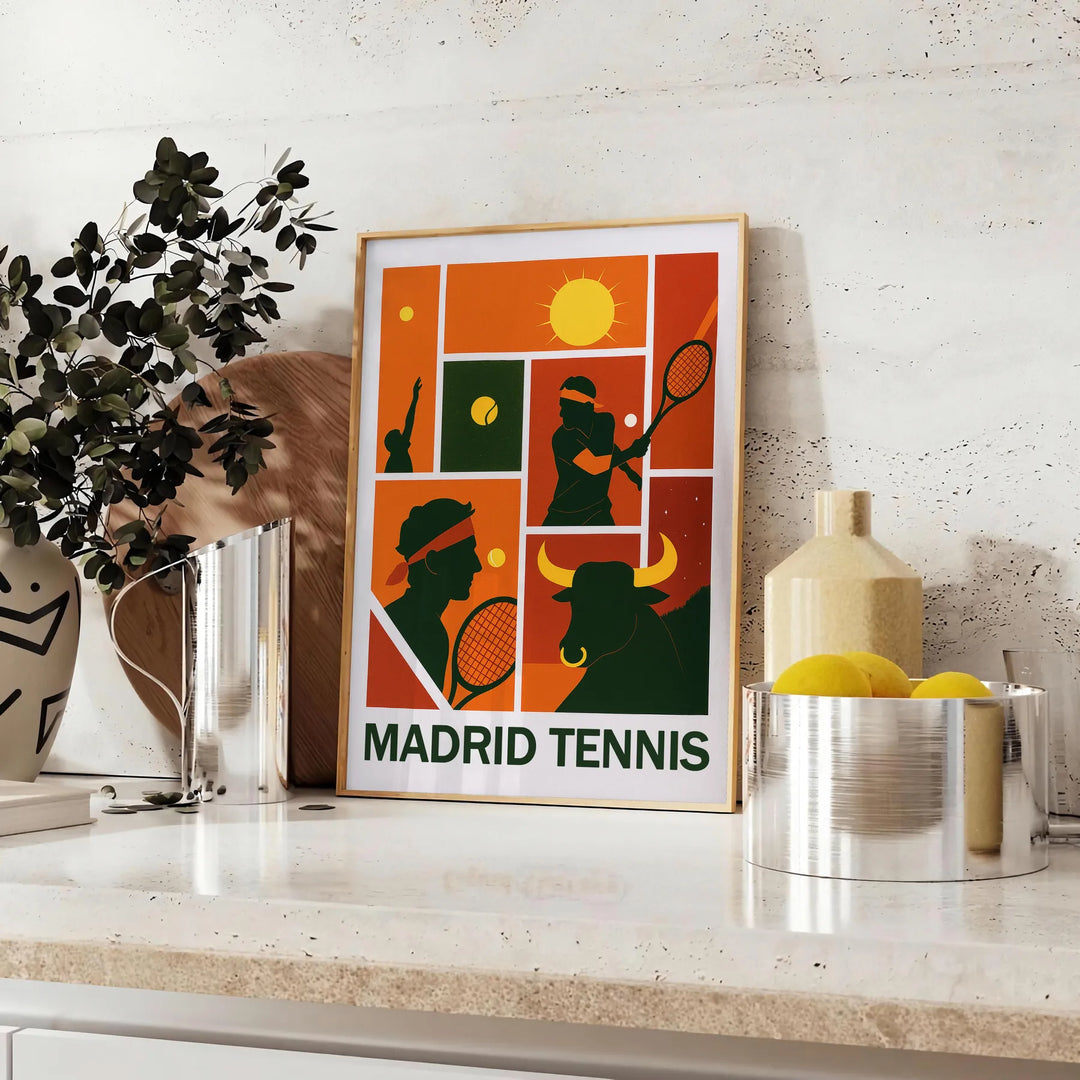 Cartel de Rafa en Madrid, obra dinámica negra y verde tenis