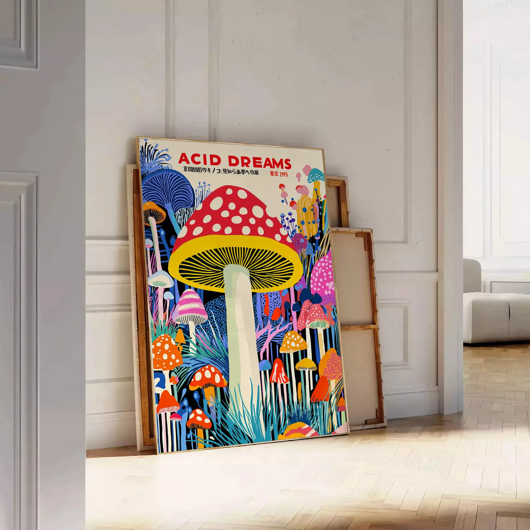 Colorful polka-dotted mushrooms in red and blue by Yayoi Kusama
