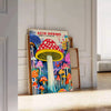 Colorful polka-dotted mushrooms in red and blue by Yayoi Kusama