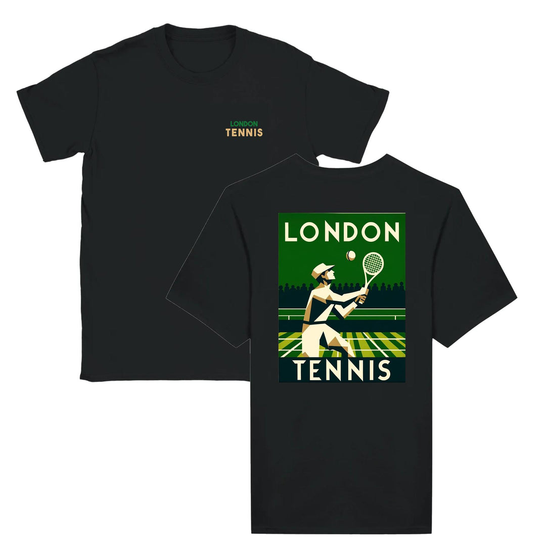T-shirt featuring a graphic of tennis rackets and a ball in a dynamic design