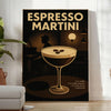 Black and gray stylized espresso martini cocktail poster with minimalist design