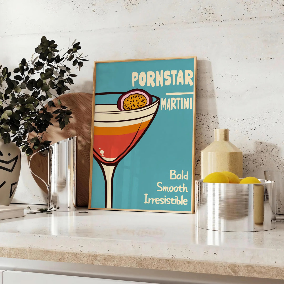 Black and brown Pornstar Martini cocktail poster, minimalist stylish illustration