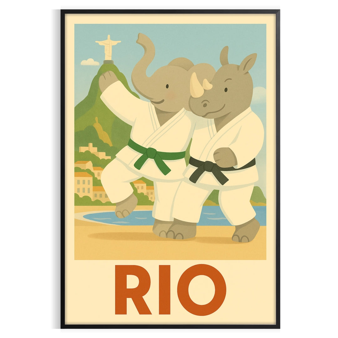 Playful elephant and rhino judo scene in Rio de Janeiro, featuring gray and green tones