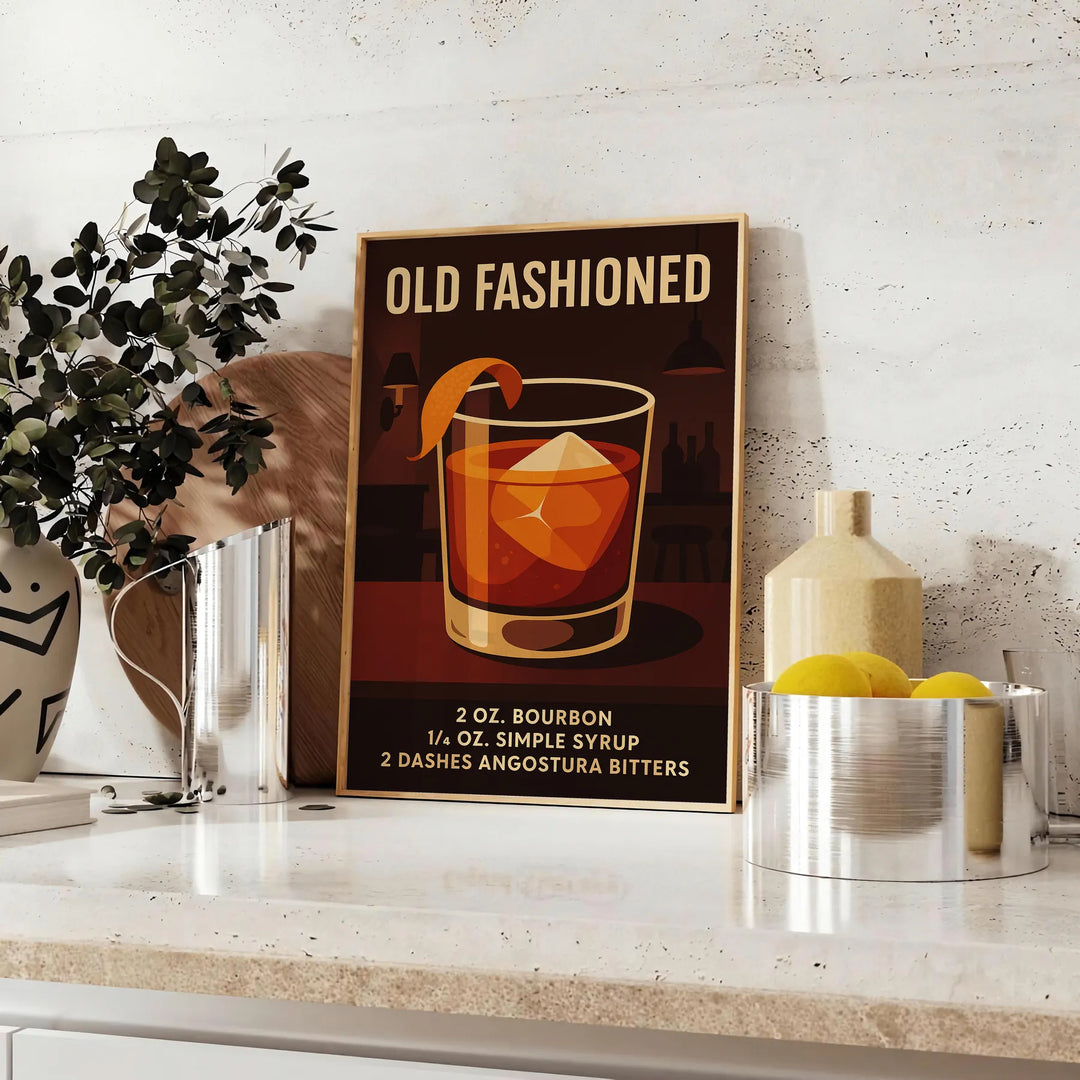 Black and gray poster of an Old Fashioned cocktail illustration
