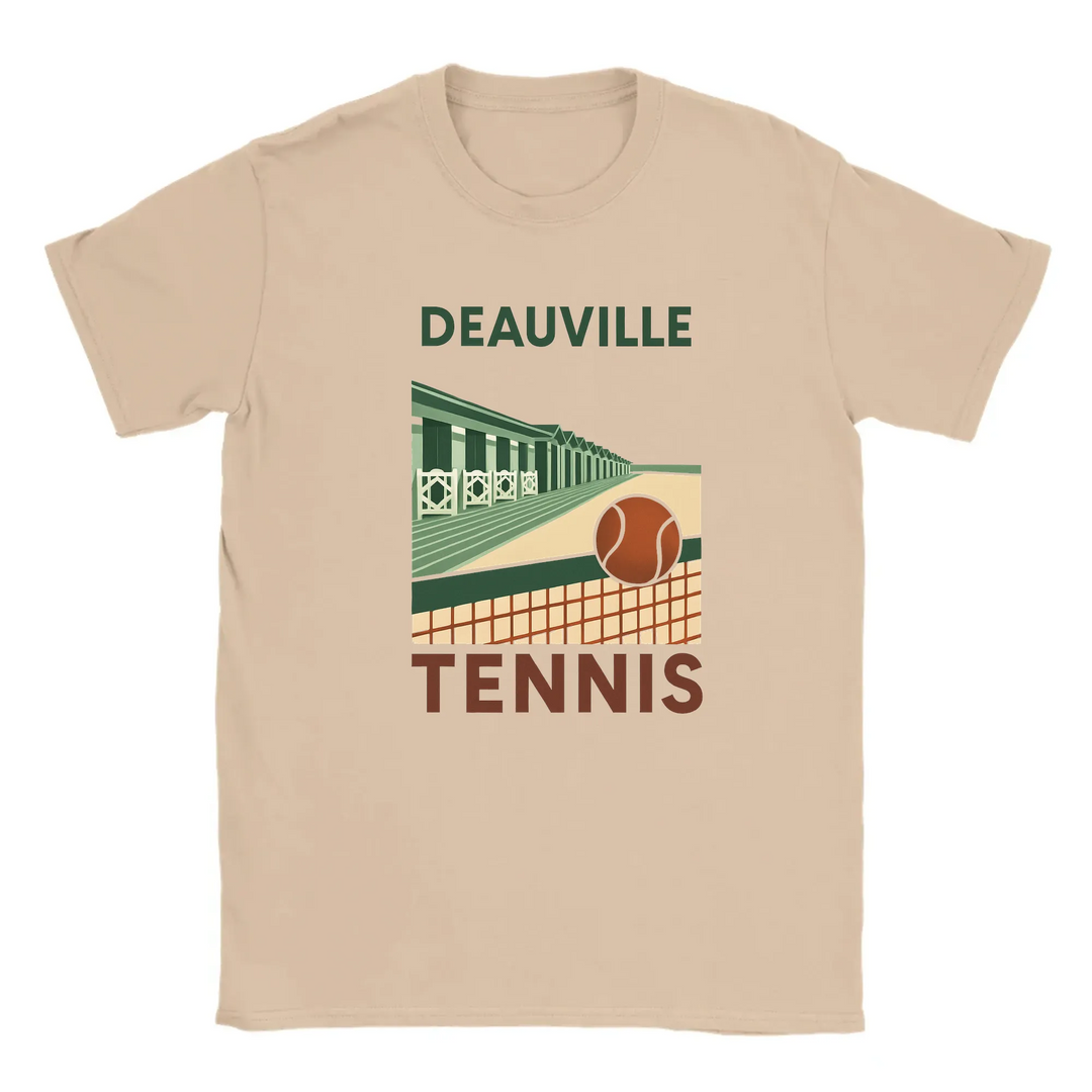 T-shirt featuring a graphic of tennis rackets and balls with Deauville text