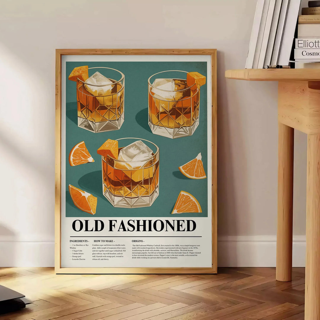 Vintage poster of an Old Fashioned cocktail in orange and gray