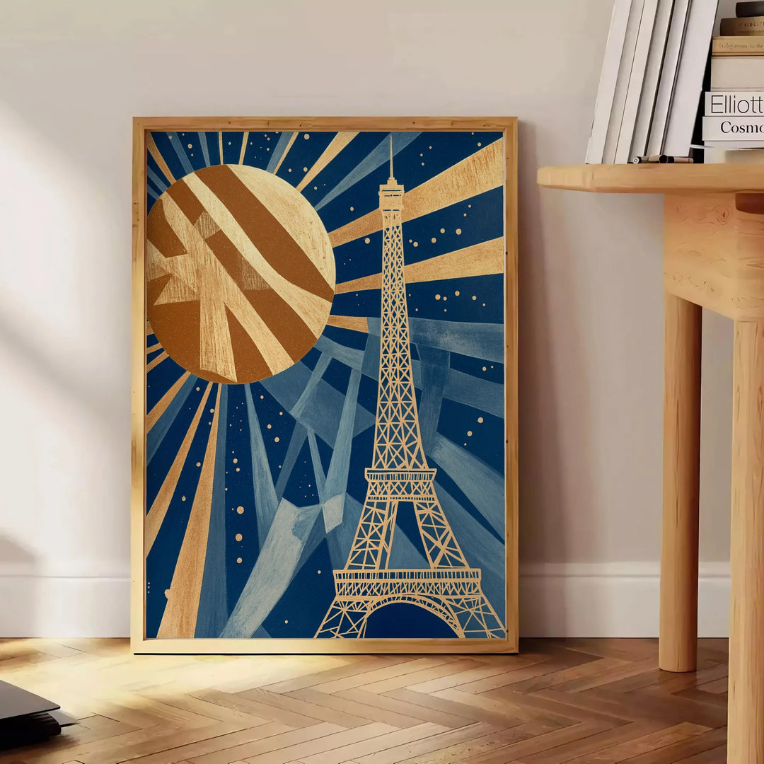 Art Deco poster of Paris featuring a stylized city skyline in green and brown