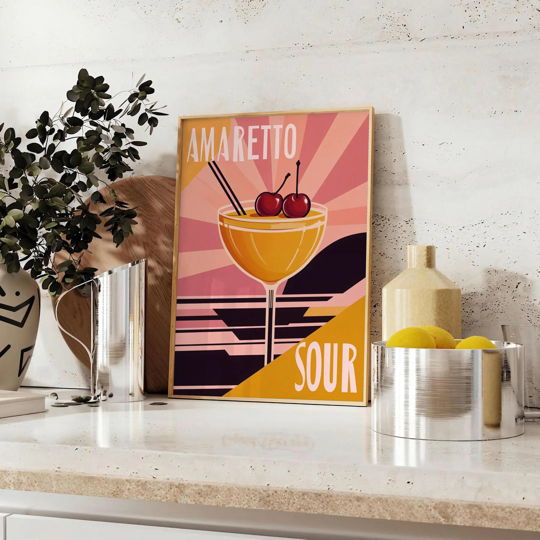 Illustration of an Amaretto Sour cocktail with orange and red hues