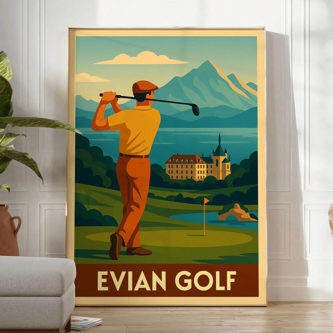 Vintage Art Deco αφίσα γκολφ Evian σε κίτρινες και γκρι αποχρώσεις