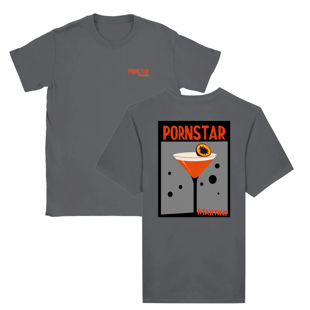 T-shirt featuring a graphic of a Pornstar Martini cocktail