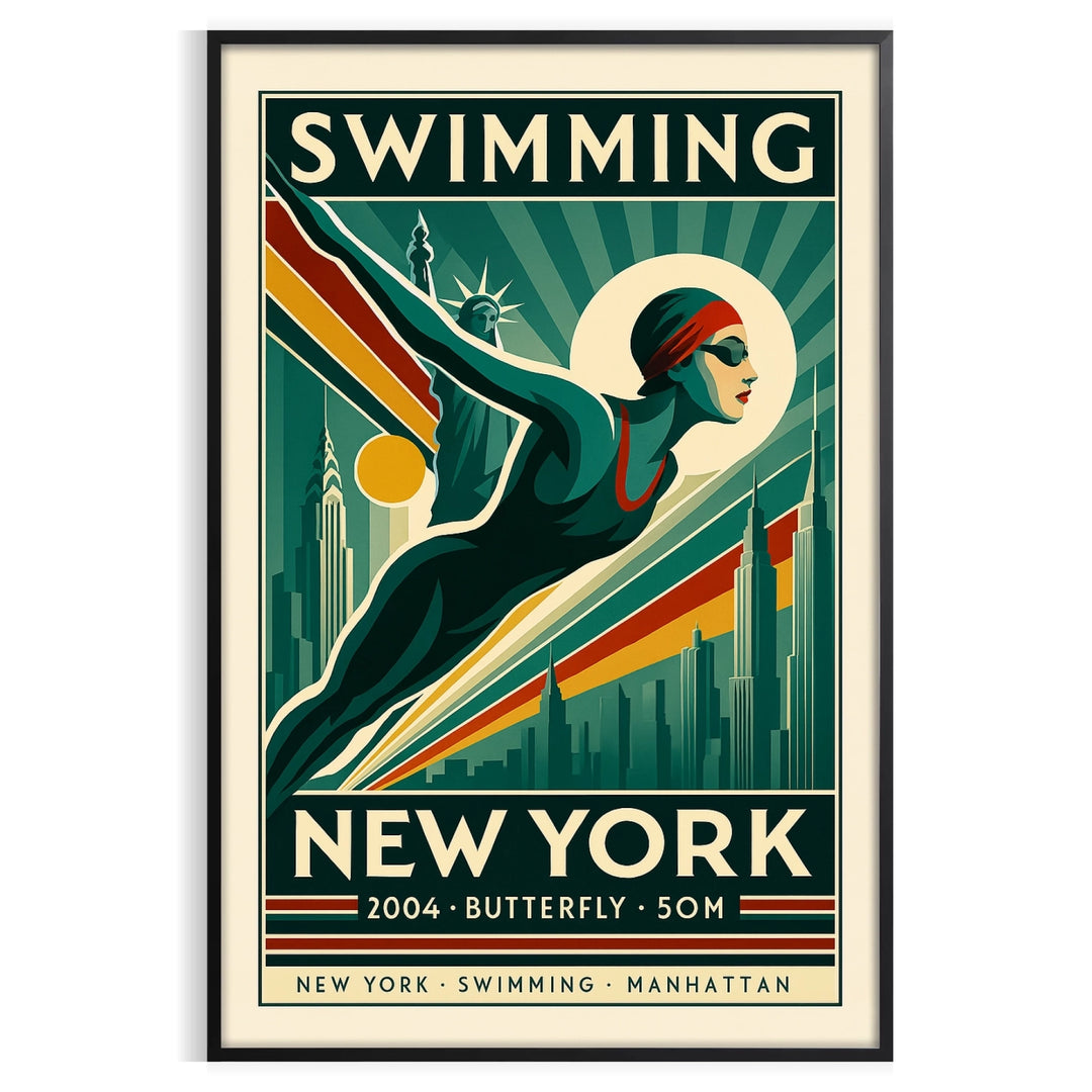 Retro illustration of a swimmer in bold green and orange against New York skyline