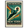 Retro illustration of a swimmer in bold green and orange against New York skyline