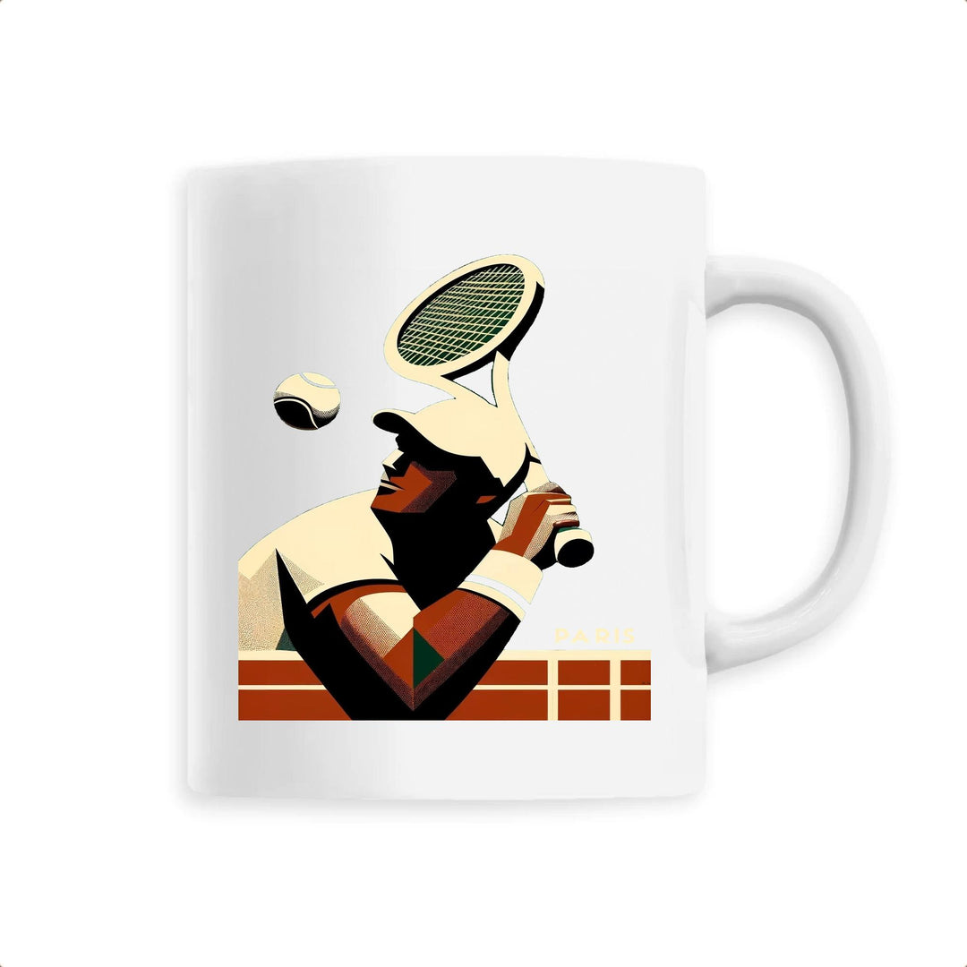 Ceramic mug featuring a tennis racket and ball print, sporty design