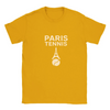 T-shirt featuring a minimalist design of the Eiffel Tower and a tennis racket